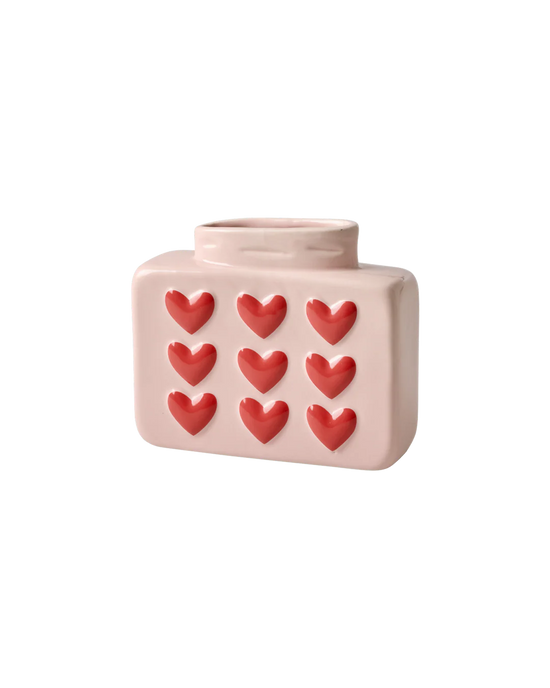 Lille Firkantet Keramik Vase - Pink - Hjerter