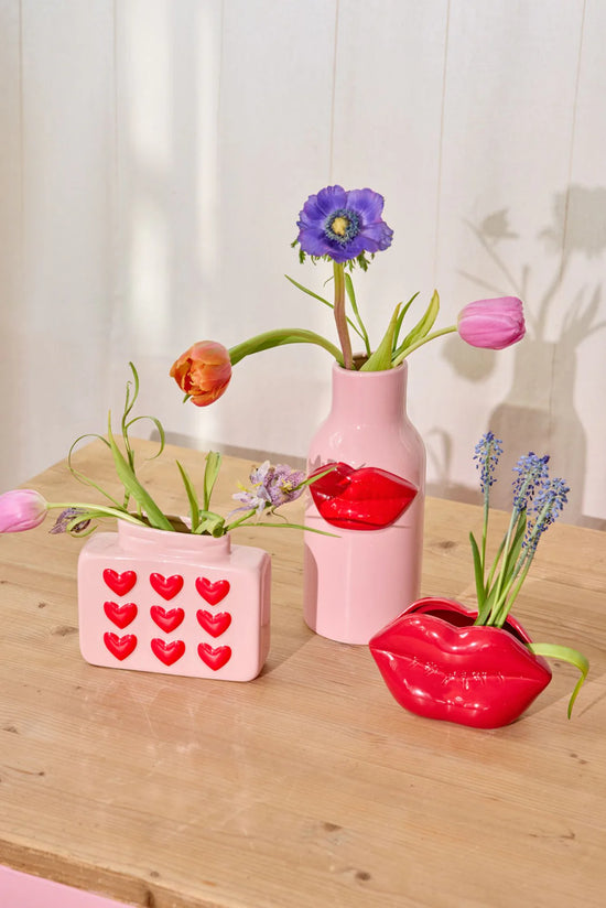Lille Firkantet Keramik Vase - Pink - Hjerter
