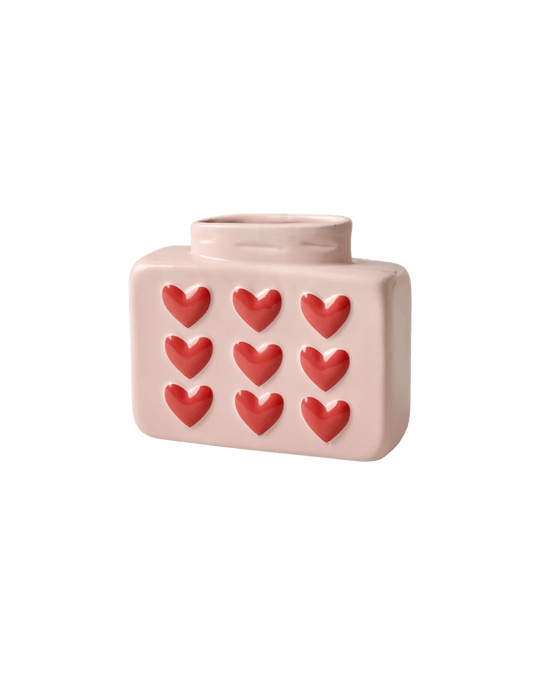 Lille Firkantet Keramik Vase - Pink - Hjerter